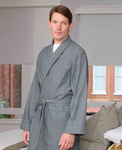 Navy Brushed Cotton Twill Herringbone Dressing Gown