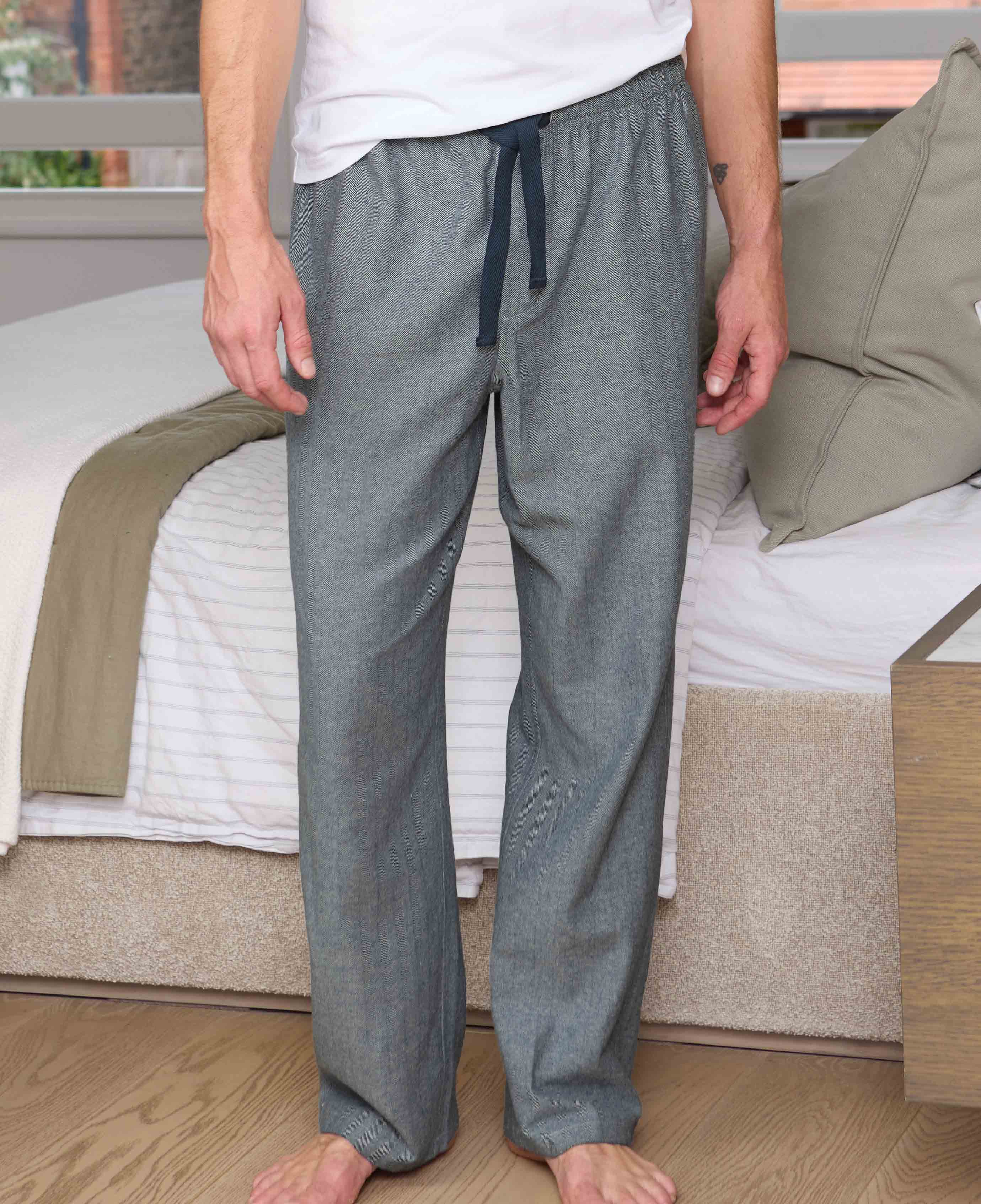 Men's Navy Brushed Cotton Twill Herringbone Lounge Pants | Savile