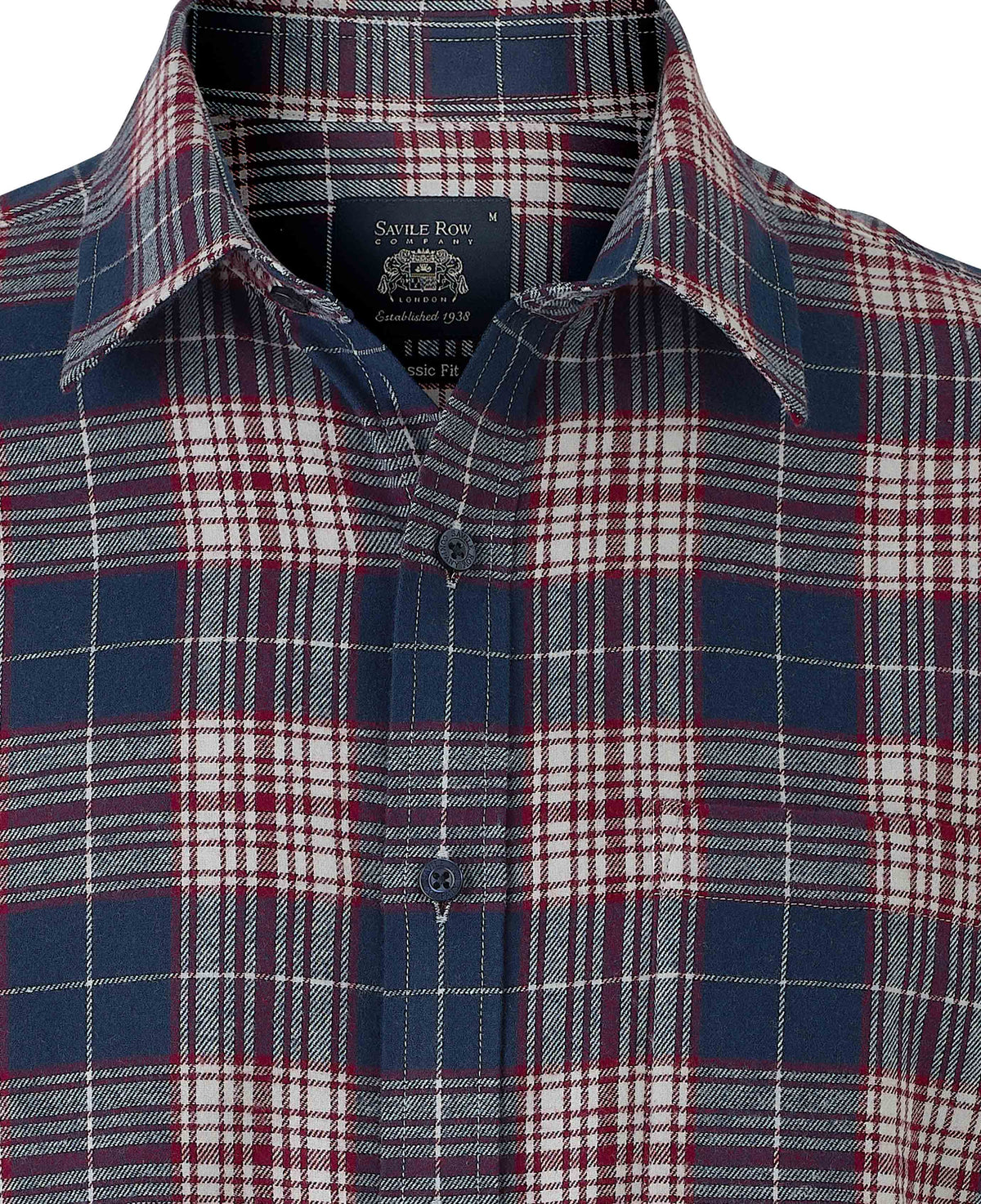 Men's Navy Burgundy Brushed Cotton Check Classic Fit Casual Shirt collar detail