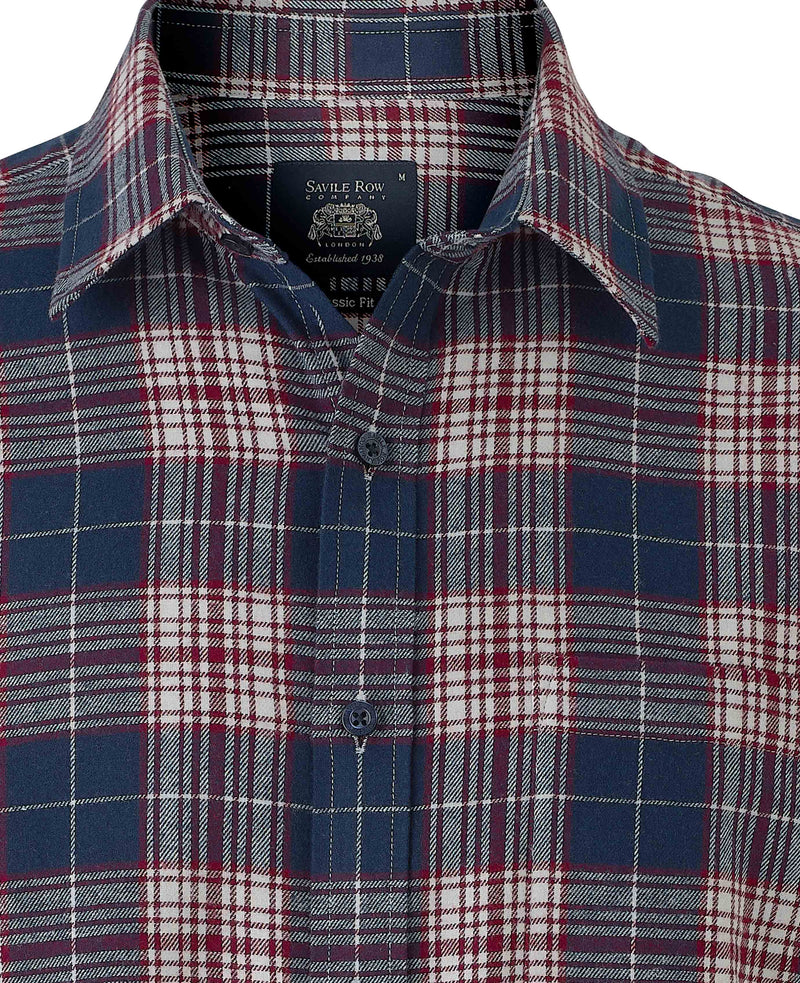 Navy Burgundy Brushed Cotton Check Classic Fit Casual Shirt