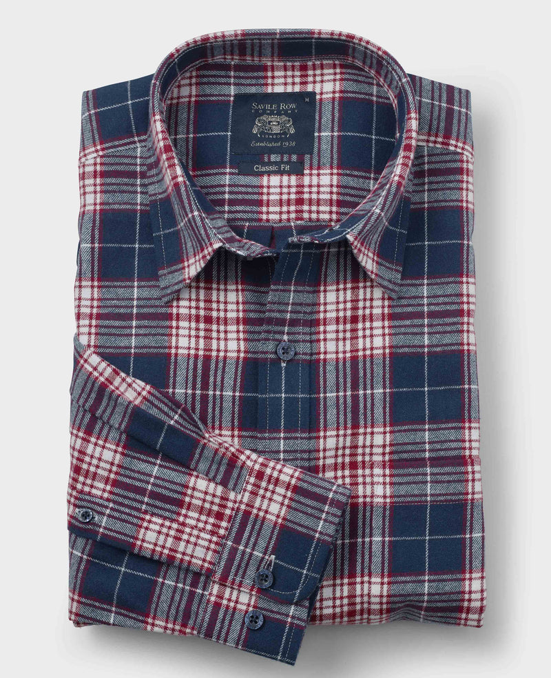 Navy Burgundy Brushed Cotton Check Classic Fit Casual Shirt