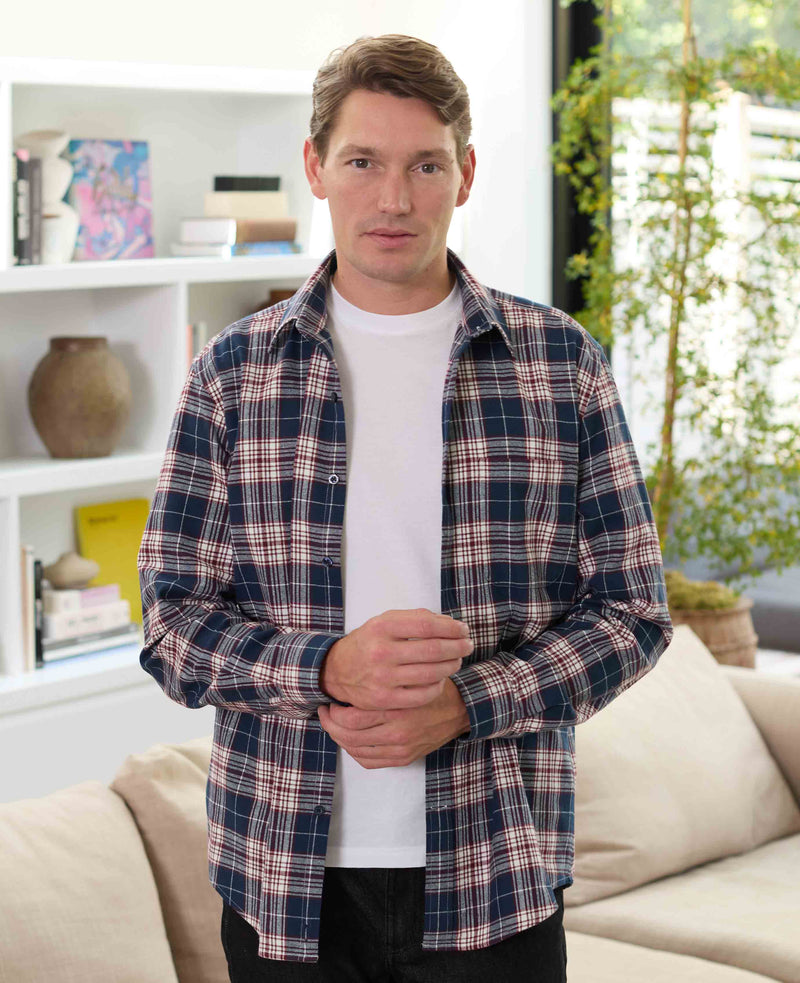 Navy Burgundy Brushed Cotton Check Classic Fit Casual Shirt
