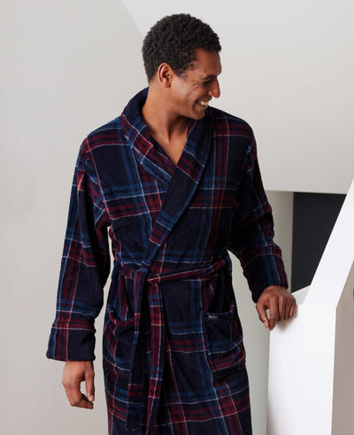 navy burgundy check fleece dressing gown mdg1149nvb model image 1