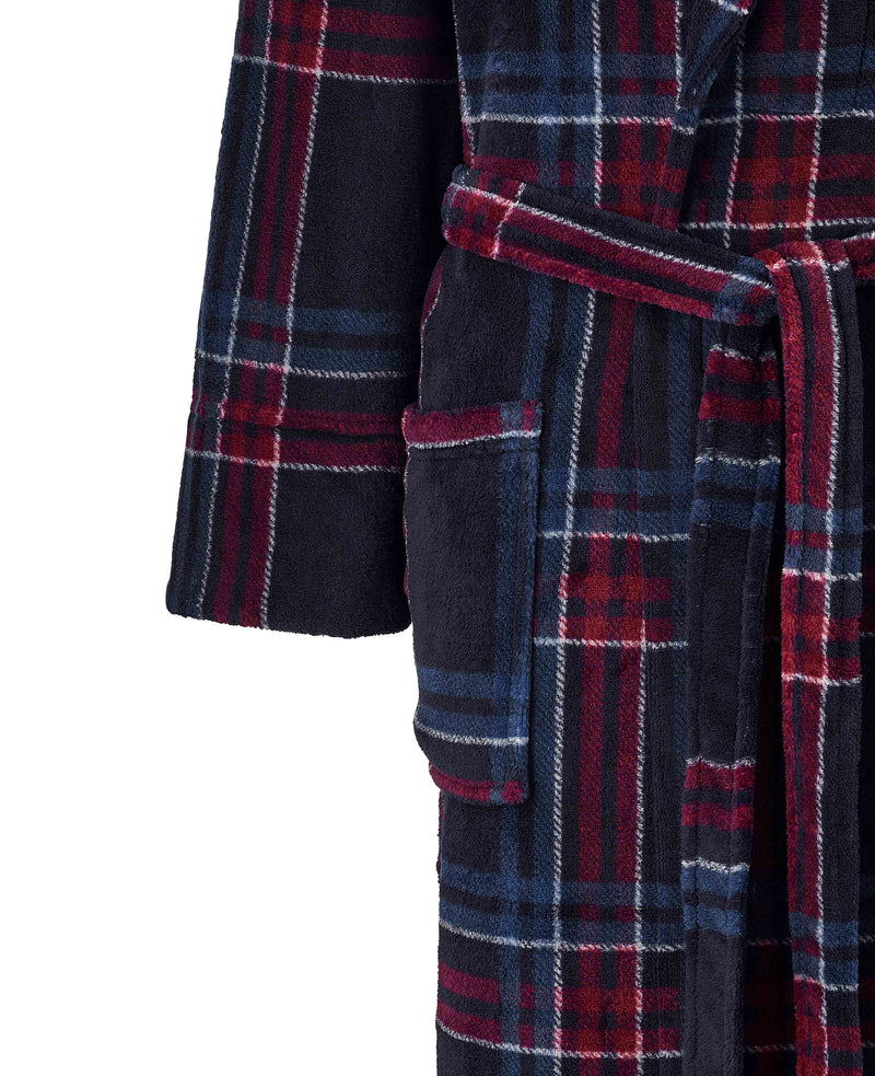 Navy Burgundy Check Fleece Dressing Gown