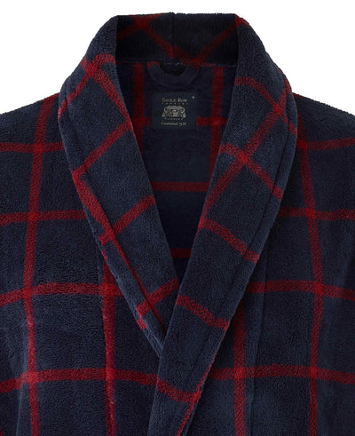 Navy Burgundy Check Fleece Dressing Gown