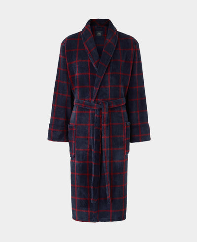 Navy Burgundy Check Fleece Dressing Gown