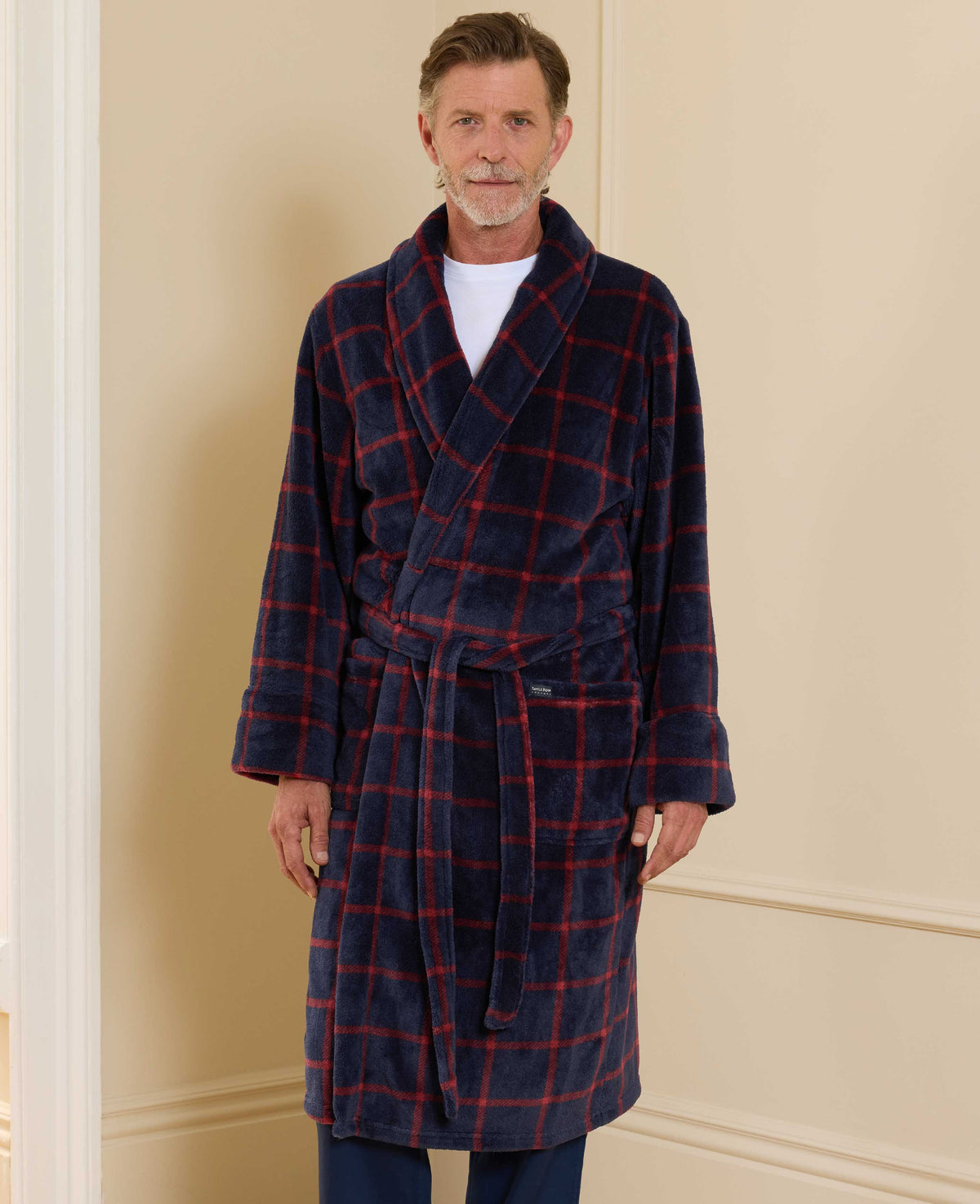 Navy Burgundy Check Fleece Dressing Gown