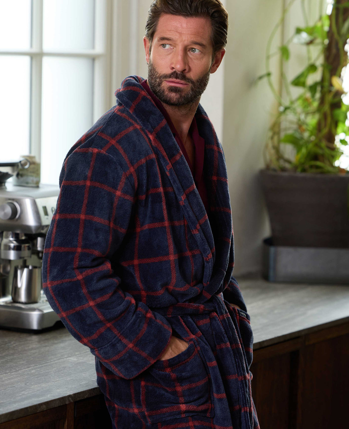 Navy Burgundy Check Fleece Dressing Gown