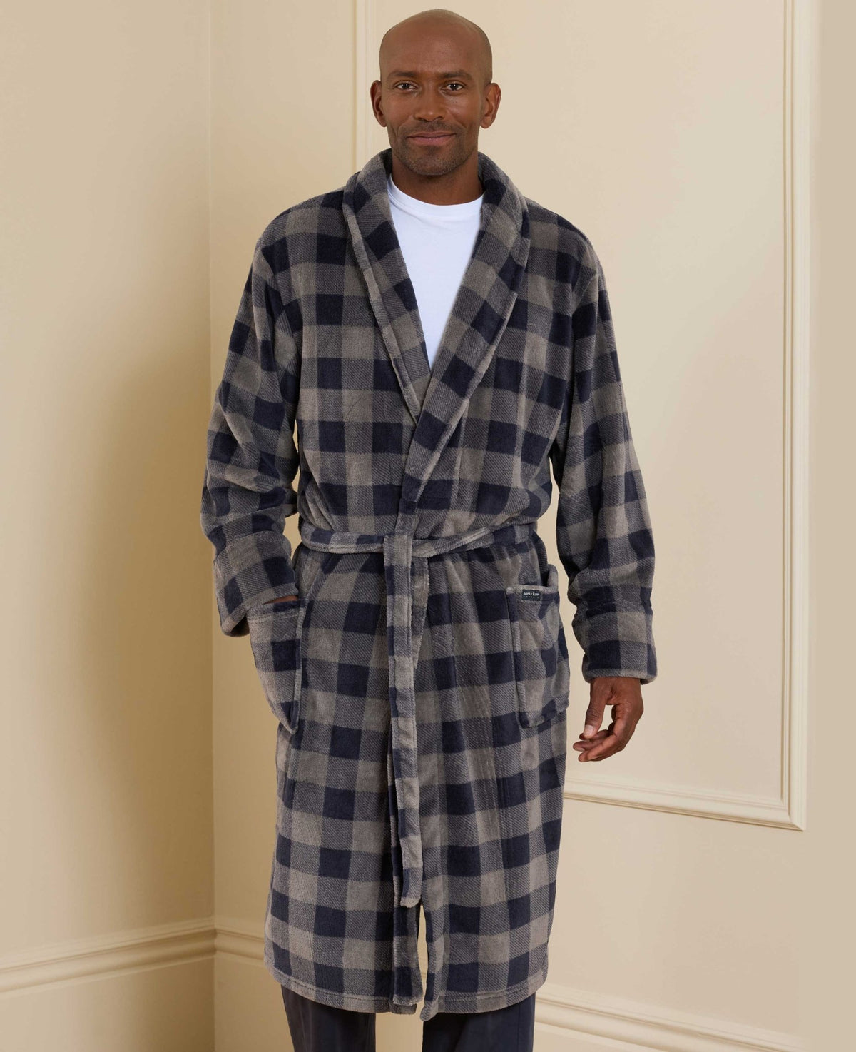 Navy Charcoal Check Snuggle Fleece Dressing Gown
