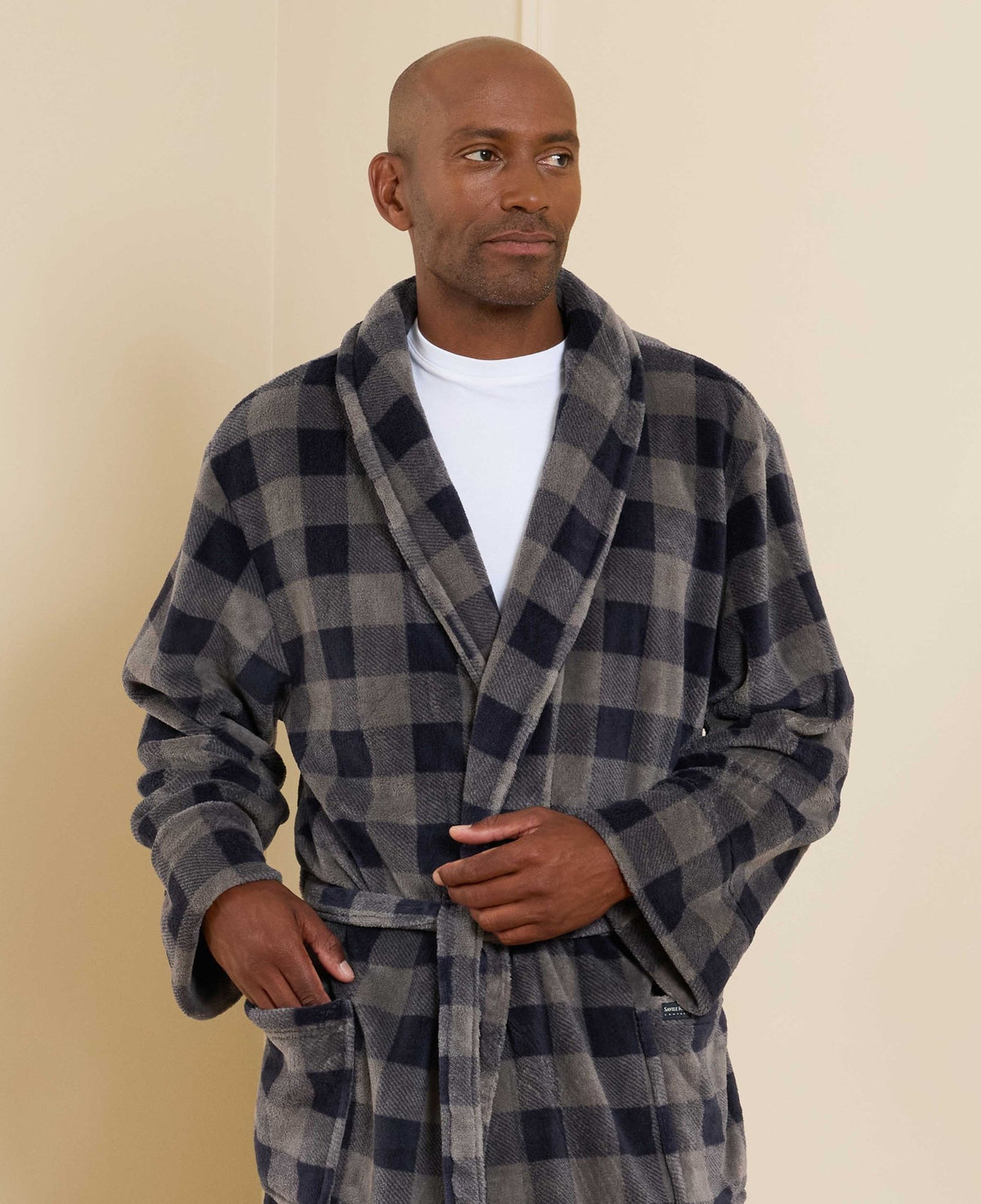 Navy Charcoal Check Snuggle Fleece Dressing Gown