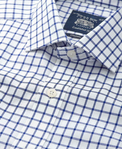 Navy Check Cotton Twill Classic Fit Formal Shirt - Single Cuff
