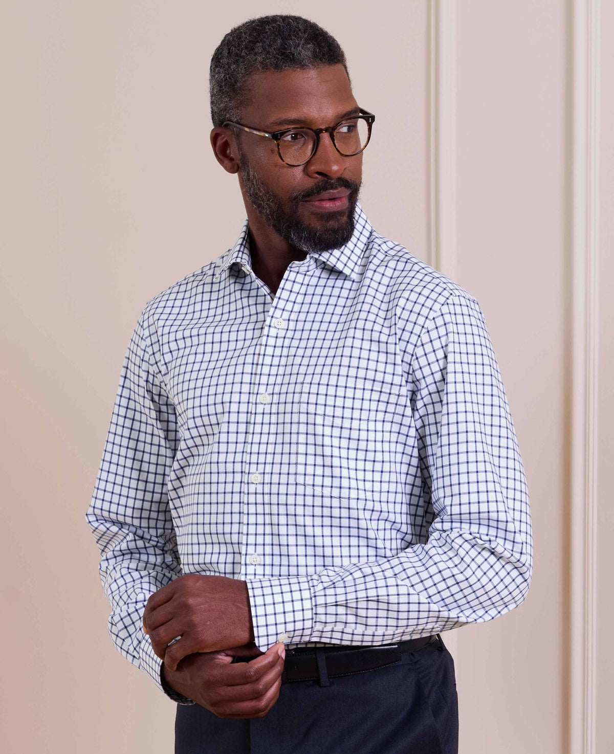 Navy Check Cotton Twill Classic Fit Formal Shirt - Single Cuff