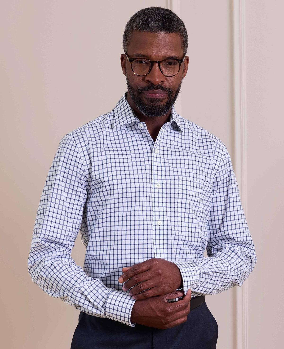 Navy Check Cotton Twill Classic Fit Formal Shirt - Single Cuff