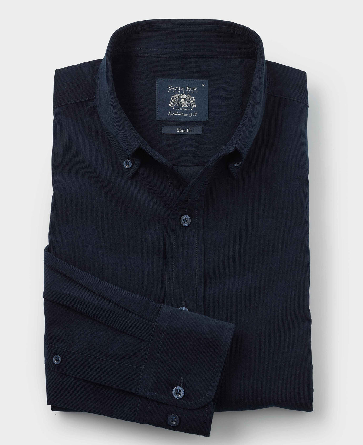 Men's Navy Cotton Babycord Slim Fit Button-Down Casual Shirt folded