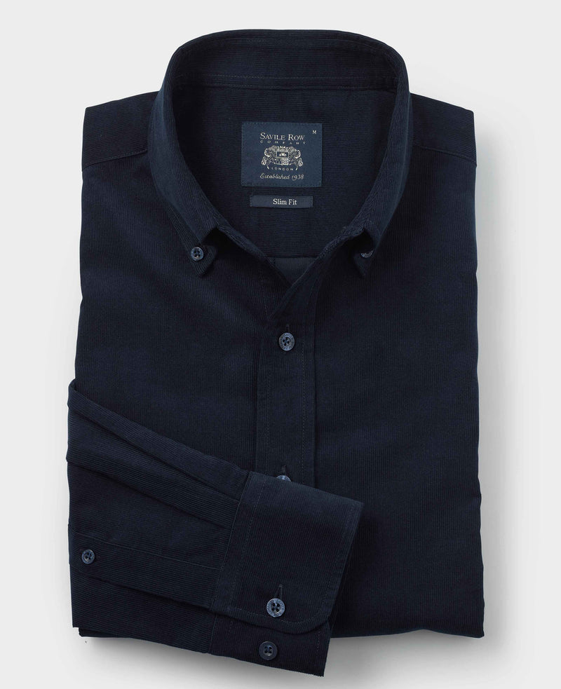 Navy Cotton Babycord Slim Fit Button-Down Casual Shirt