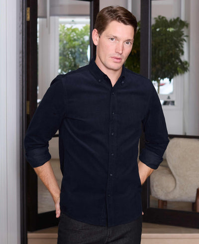 Navy Cotton Babycord Slim Fit Button-Down Casual Shirt