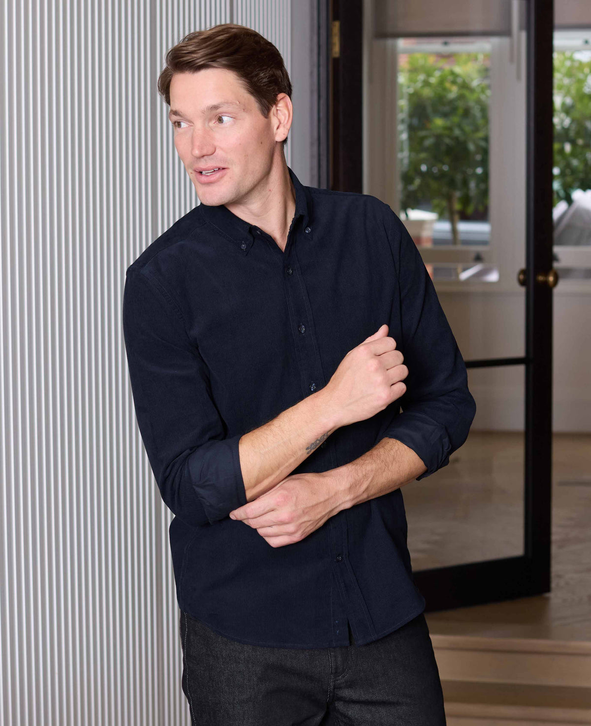 Men's Navy Cotton Babycord Slim Fit Button-Down Casual Shirt model shot
