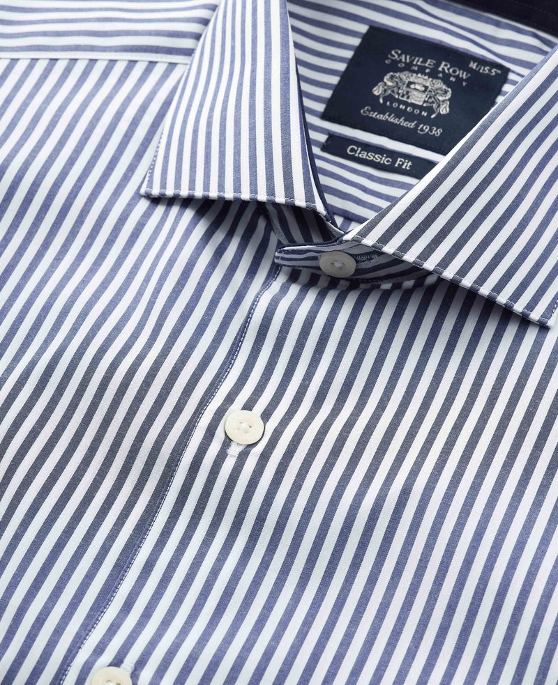 Navy Cotton Bengal Stripe Classic Fit Smart-Casual Shirt - Single Cuff