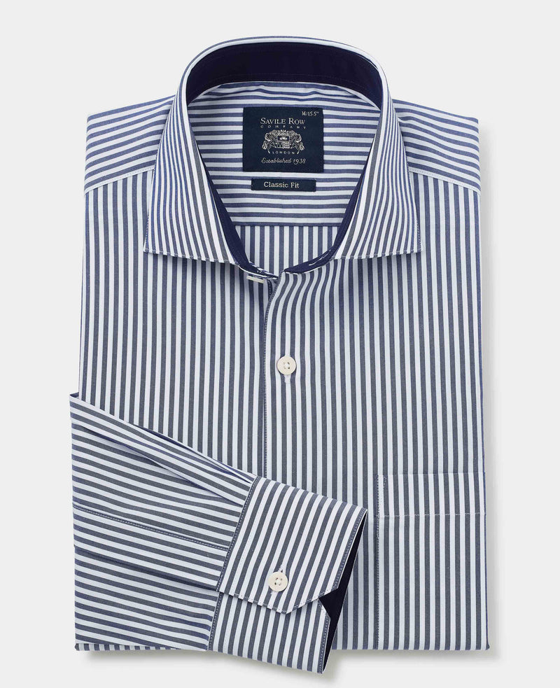 Navy Cotton Bengal Stripe Classic Fit Smart-Casual Shirt - Single Cuff