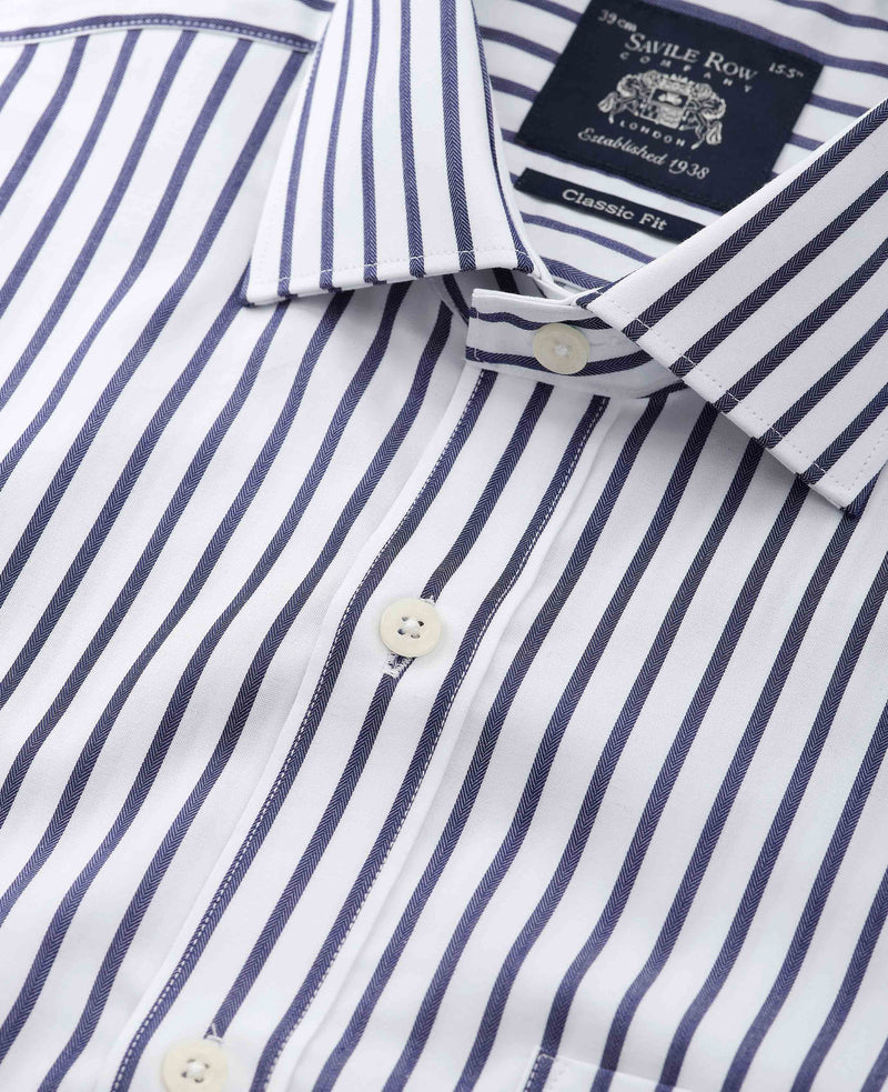 Men's Navy Cotton Classic Fit Striped Formal Shirt collar detail