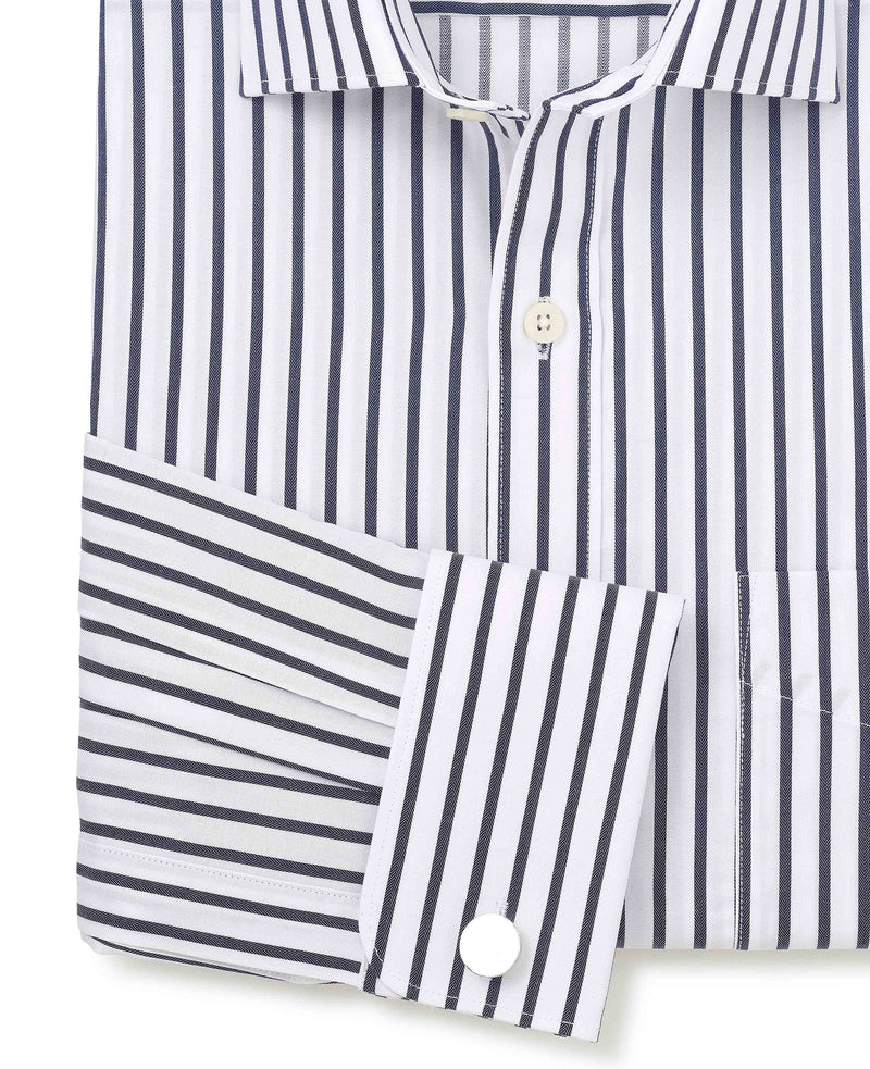 Men's Navy Cotton Classic Fit Striped Formal Shirt sleeve detail