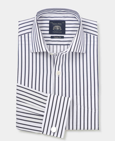 Men's Navy Cotton Classic Fit Striped Formal Shirt folded