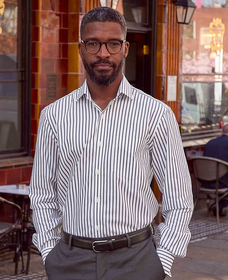 Men's Navy Cotton Classic Fit Striped Formal Shirt model image