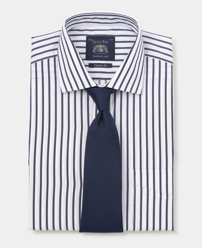 Men's Navy Cotton Classic Fit Striped Formal Shirt folded with tie