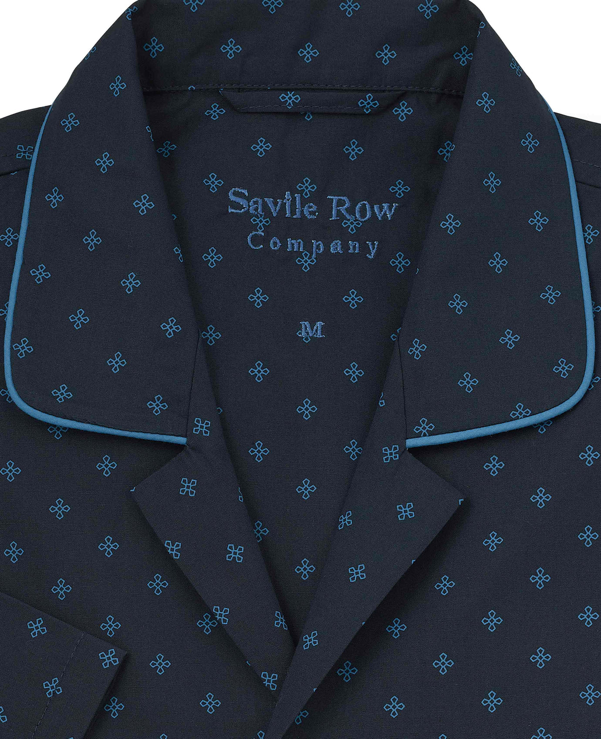 Men's Navy Cotton Cross Printed Revere Collar Pyjamas collar detail