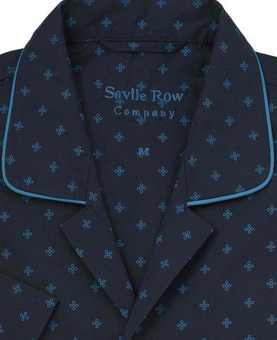 Men's Navy Cotton Cross Printed Revere Collar Pyjamas collar detail