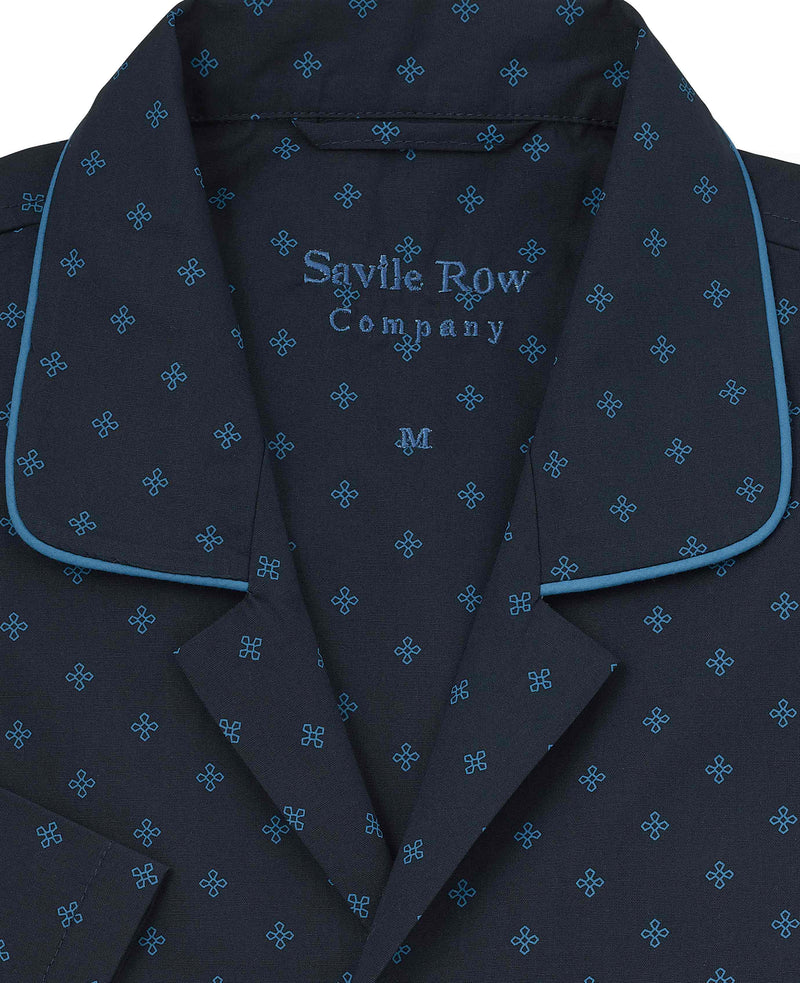 Men's Navy Cotton Cross Printed Revere Collar Pyjamas collar detail