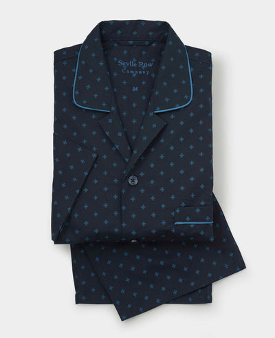 Men's Navy Cotton Cross Printed Revere Collar Pyjamas folded