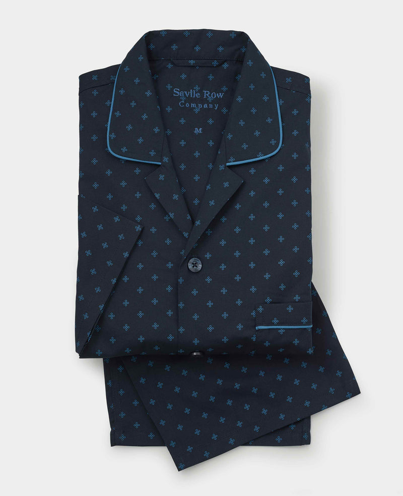 Men's Navy Cotton Cross Printed Revere Collar Pyjamas folded