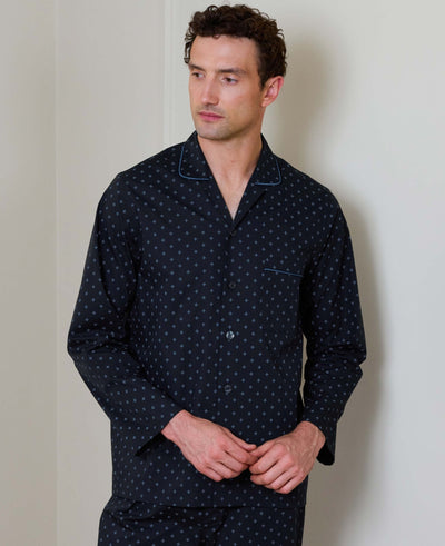 Navy Cotton Cross Printed Revere Collar Pyjamas