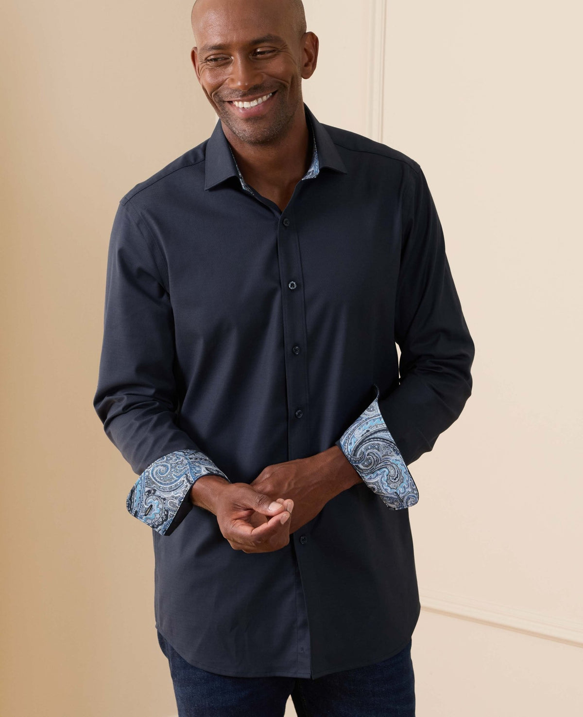 Navy Cotton Dobby Slim Fit Formal Shirt With Paisley Trim - Single Cuff