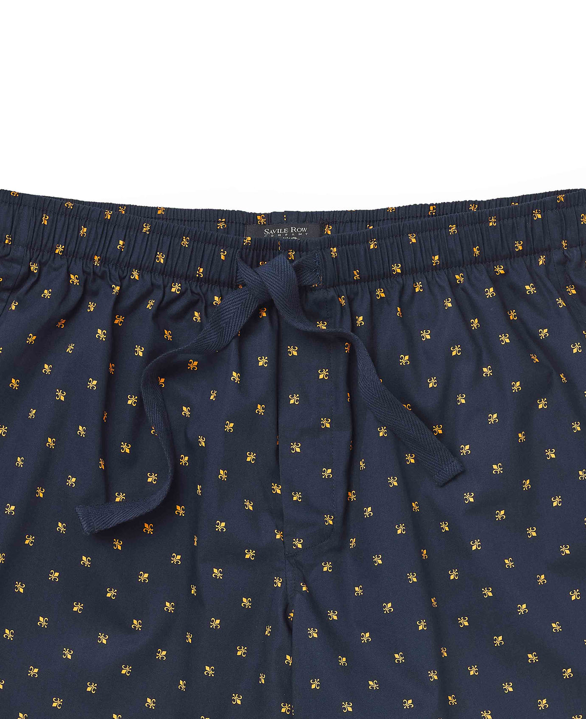 Men's Navy Cotton Fleur De Lys Lounge Shorts  waist detail