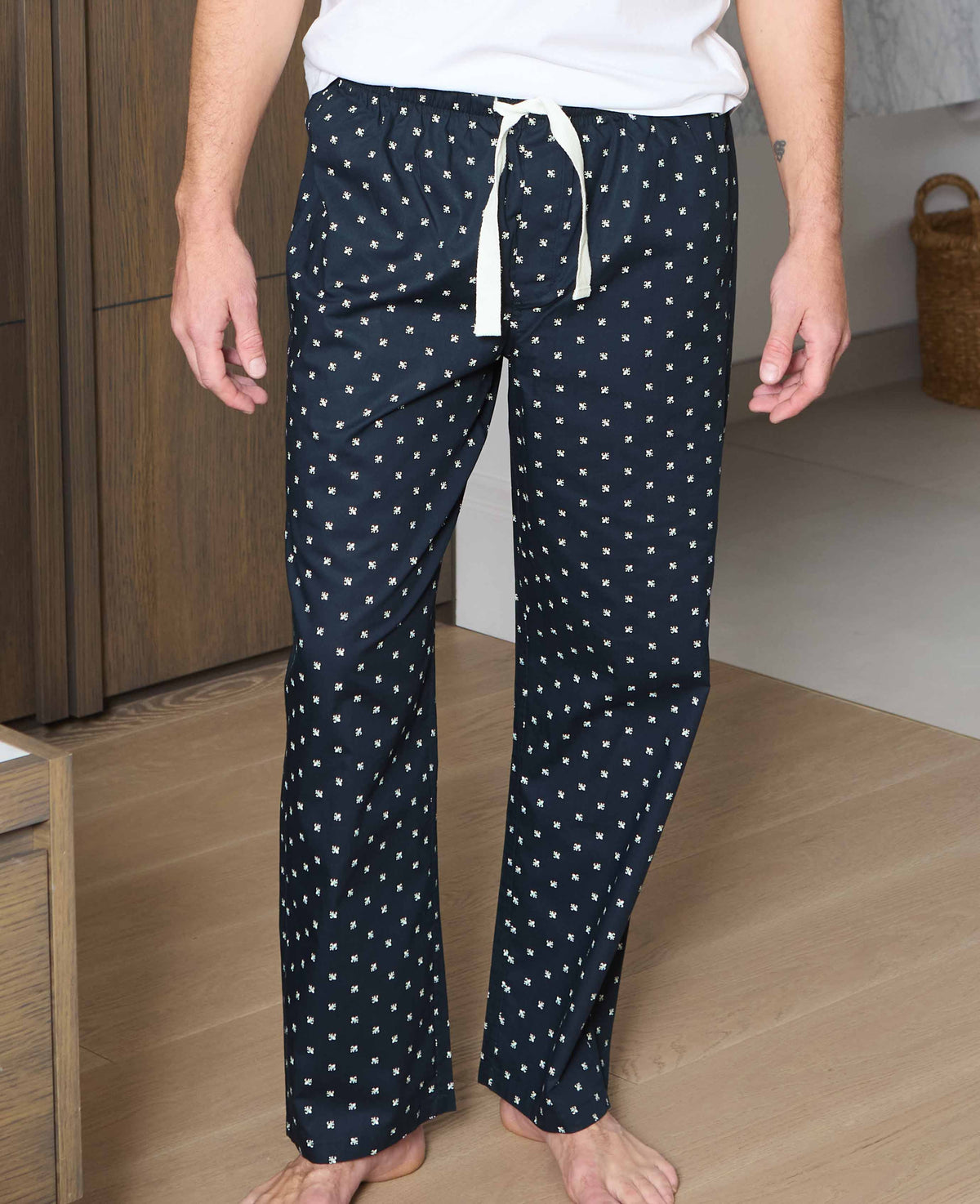 Men's Navy Cotton Fleur De Lys Print Lounge Pants model shot
