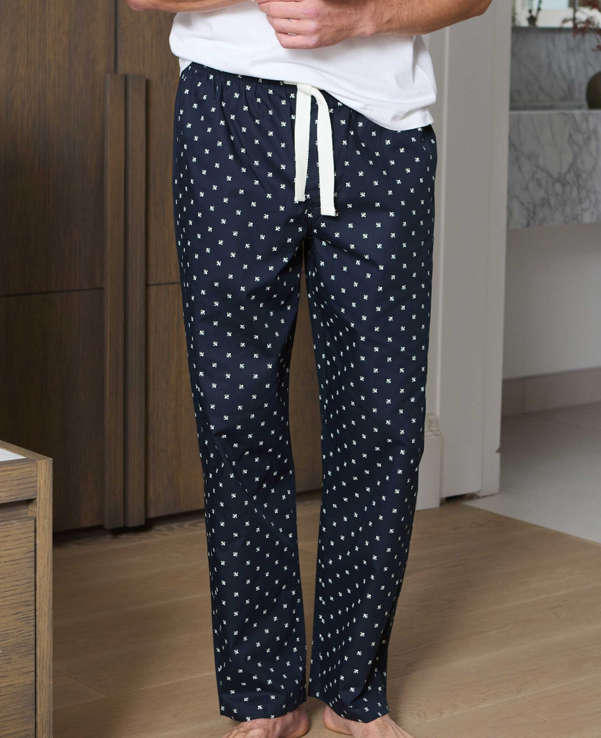 Men's Navy Cotton Fleur De Lys Print Lounge Pants model shot