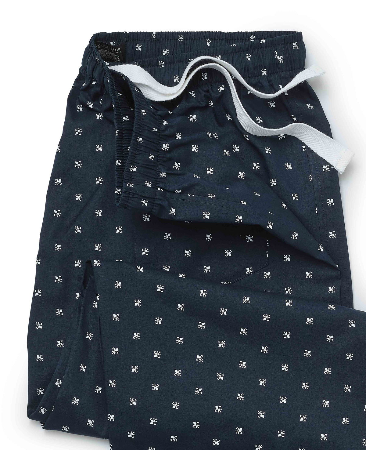 Men's Navy Cotton Fleur De Lys Print Lounge Pants waist detail