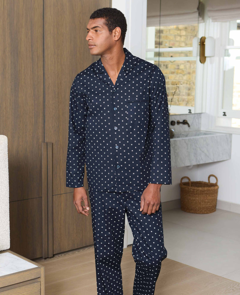 Navy Cotton Fleur De Lys Print Pyjamas