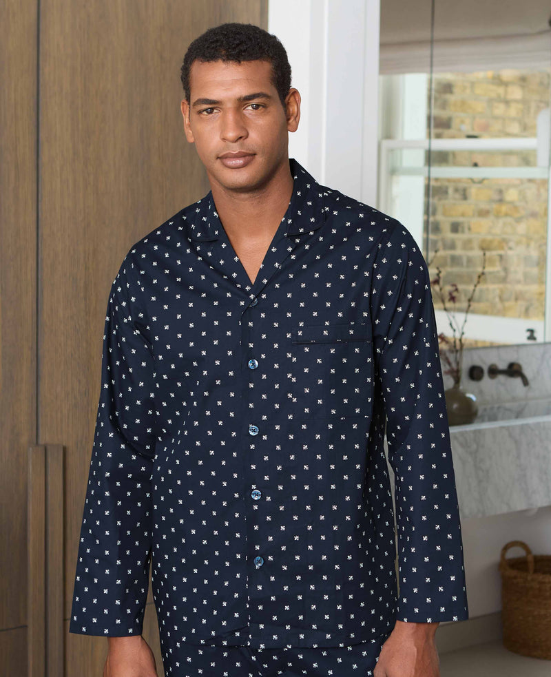 Navy Cotton Fleur De Lys Print Pyjamas