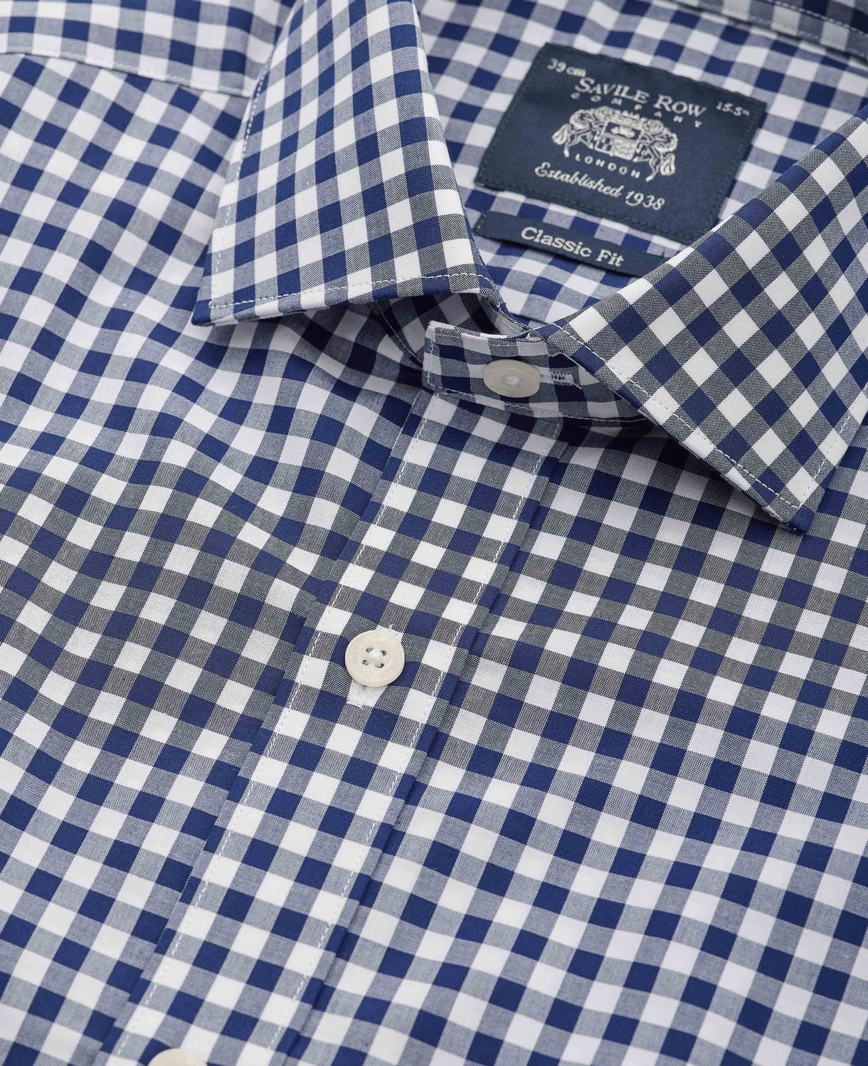 Men's Navy Cotton Gingham Check Classic Fit Formal Shirt collar detail