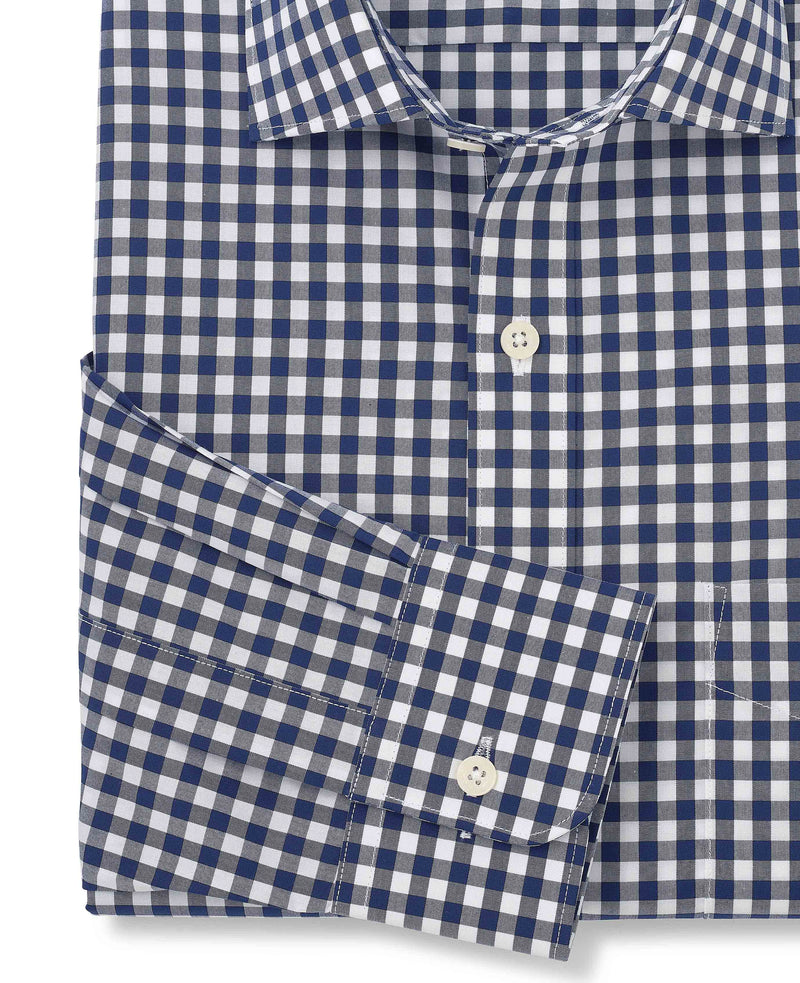 Men's Navy Cotton Gingham Check Classic Fit Formal Shirt sleeve detail