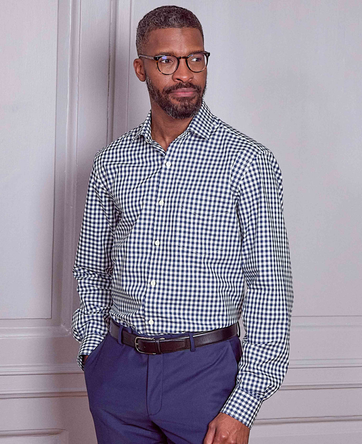Men's Navy Cotton Gingham Check Classic Fit Formal Shirt With Single Cuffs model shot