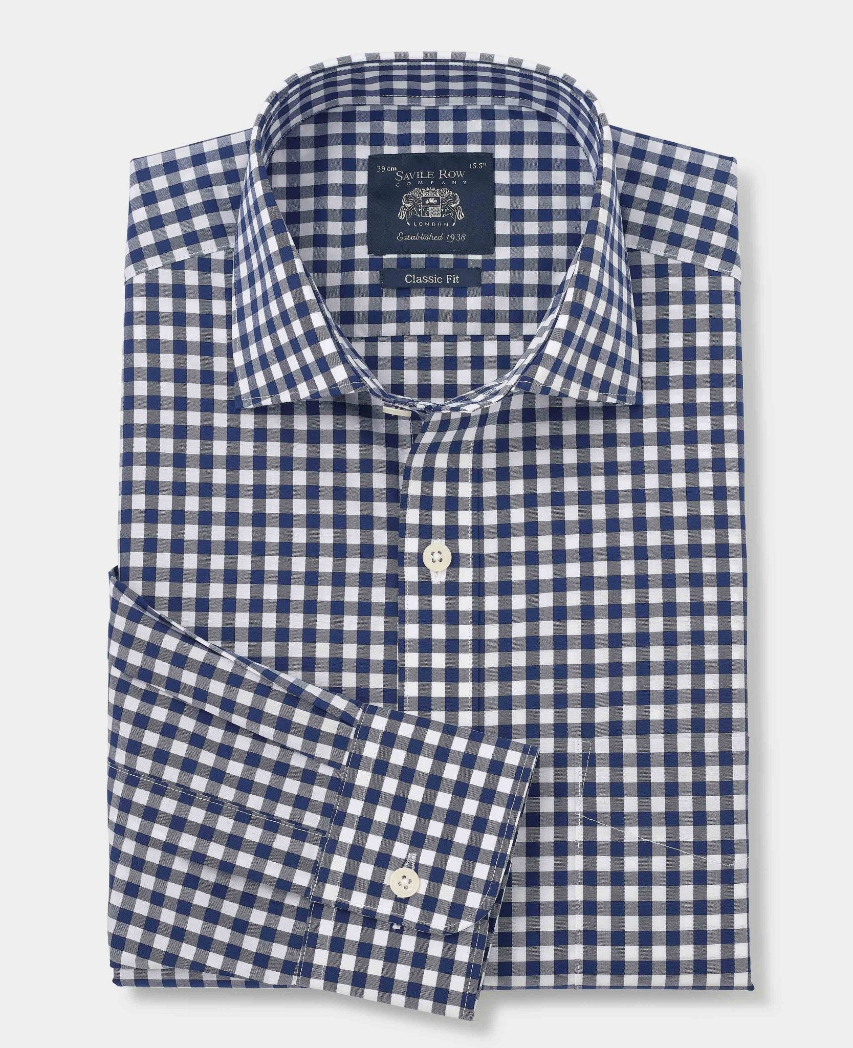 Men's Navy Cotton Gingham Check Classic Fit Formal Shirt With Single Cuffs | Savile Row Company Men's Navy Cotton Gingham Check Classic Fit Formal Shirt With Single Cuffs | Savile Row Company