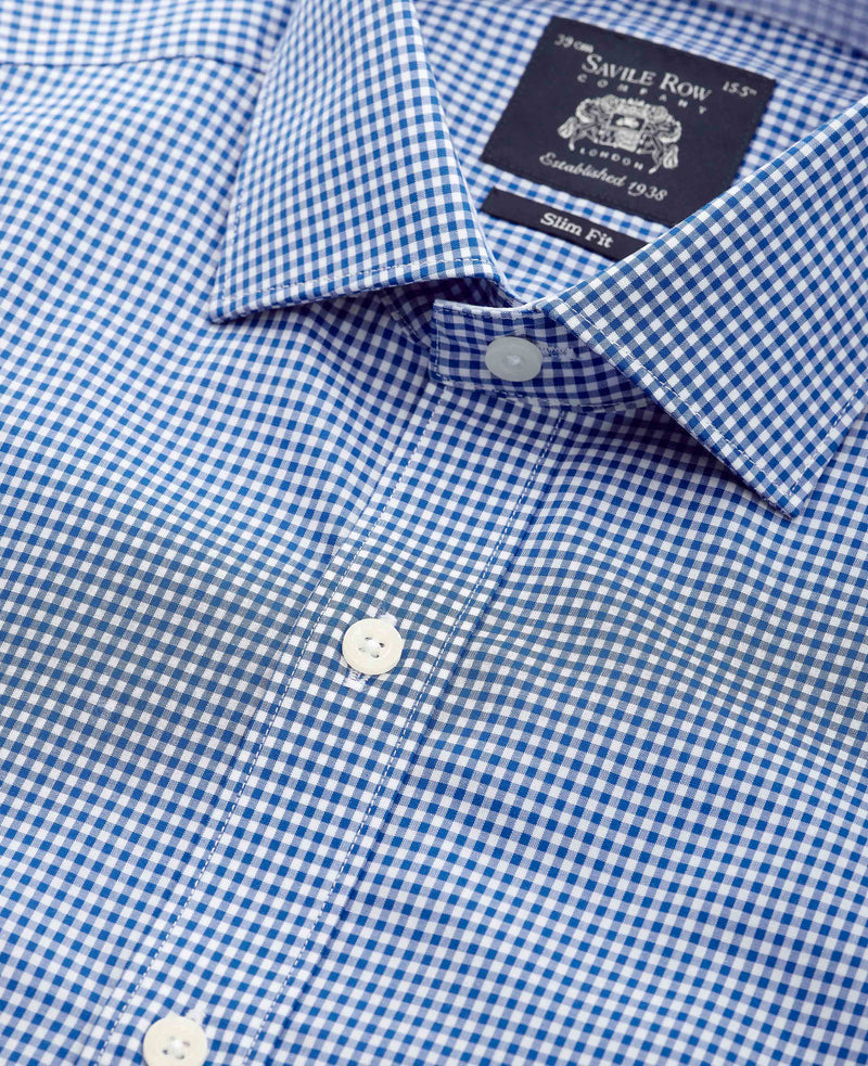 Men's Navy Cotton Gingham Slim Fit Formal Shirt collar detail