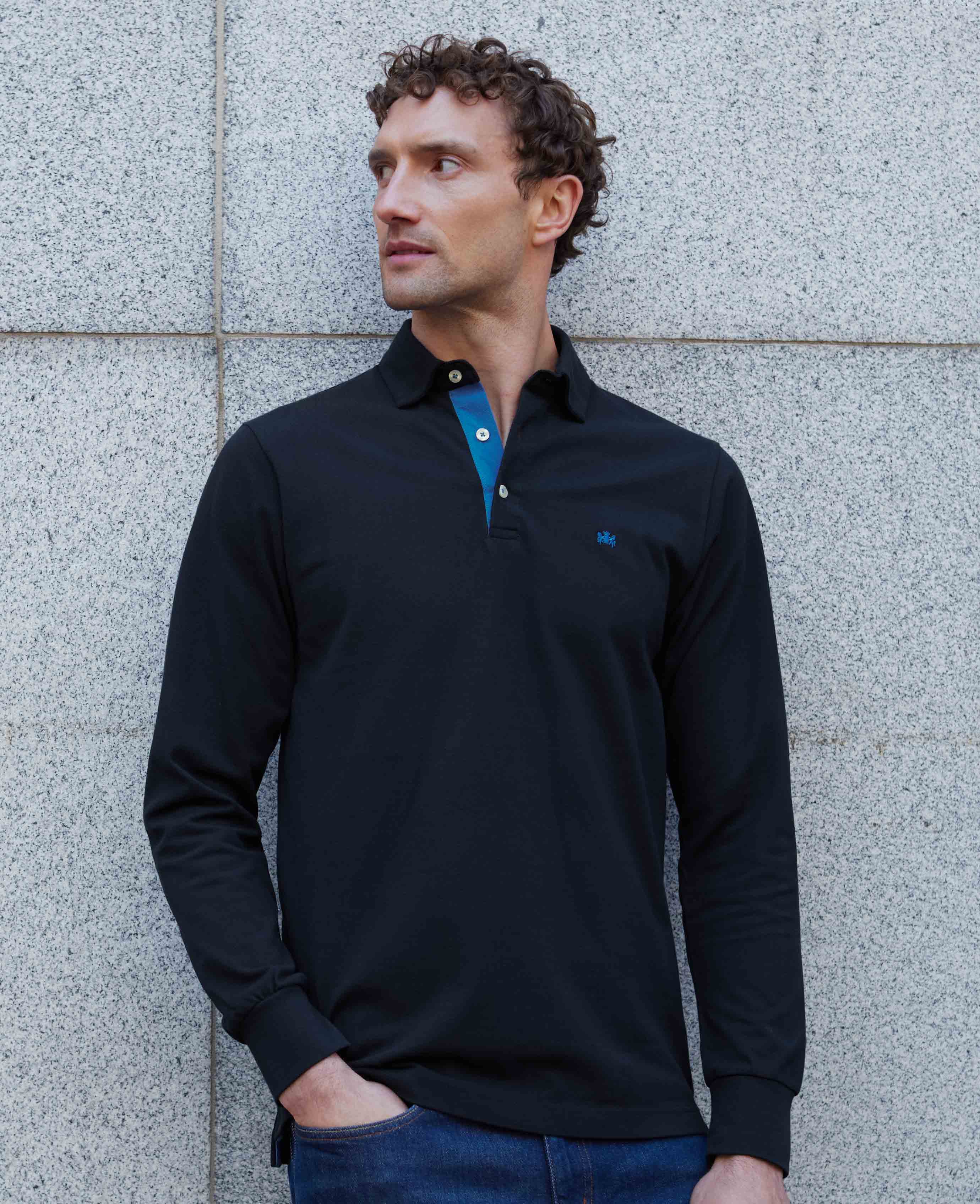 Men's Navy Cotton Pique Long Sleeve Polo Shirt | Savile Row Company Men's Navy Cotton Pique Long Sleeve Polo Shirt | Savile Row Company
