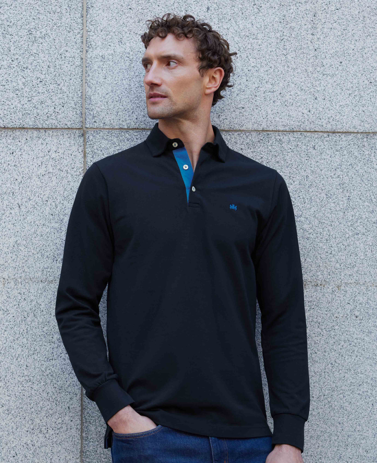 Men's Navy Cotton Pique Long Sleeve Polo Shirt model shot