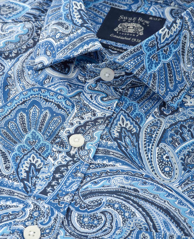 Navy Cotton Poplin Classic Fit Paisley Smart Casual Shirt - Single Cuff