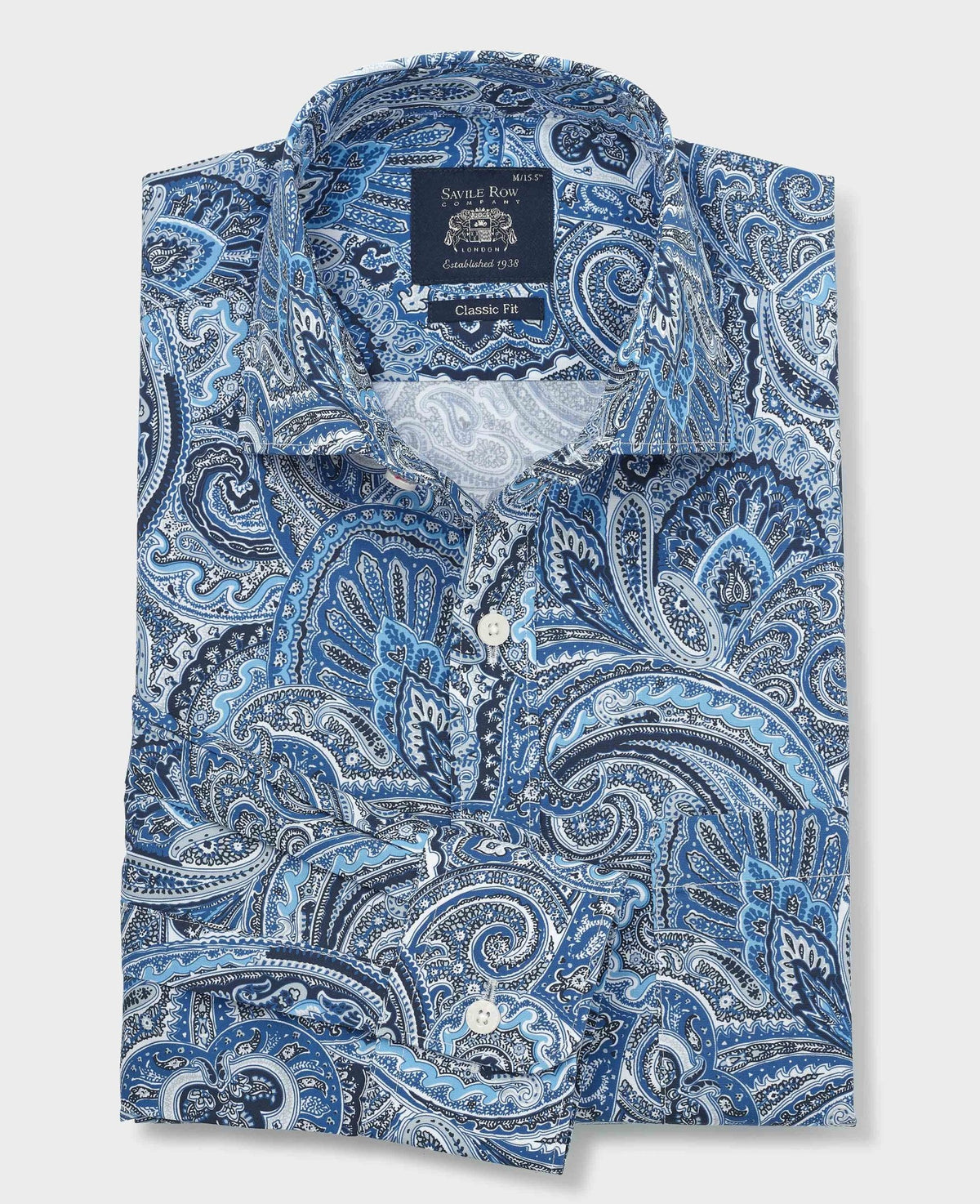 Navy Cotton Poplin Classic Fit Paisley Smart Casual Shirt - Single Cuff